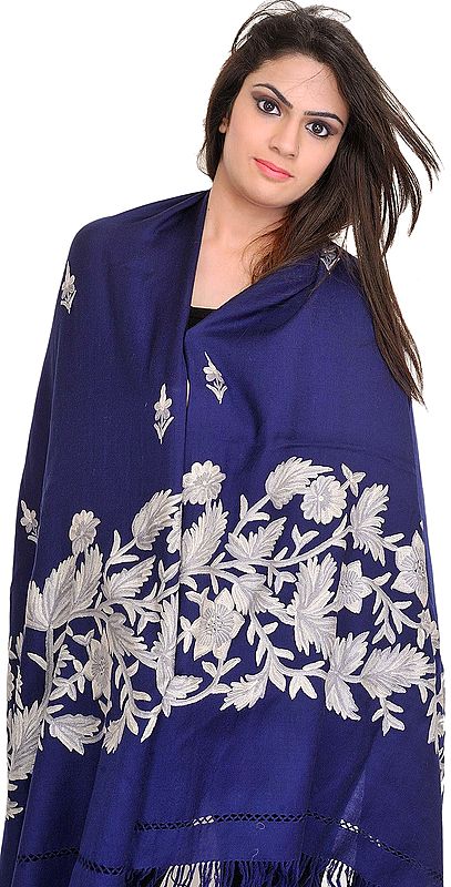 Twilight-Blue Stole from Kashmir with Aari Hand-Embroidered Leaves