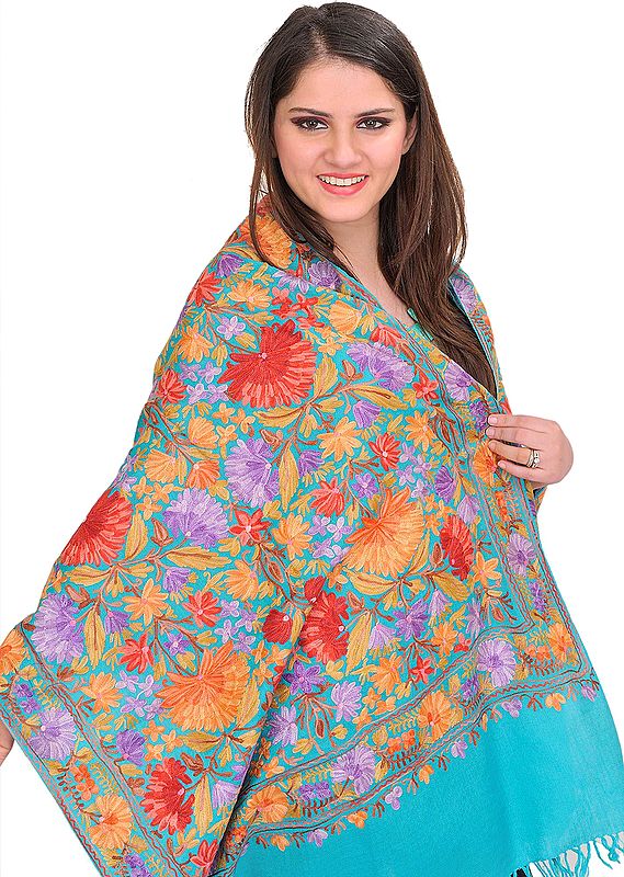 Blue-Curacao Stole from Kashmir with Aari Embroidered Flowers All-Over