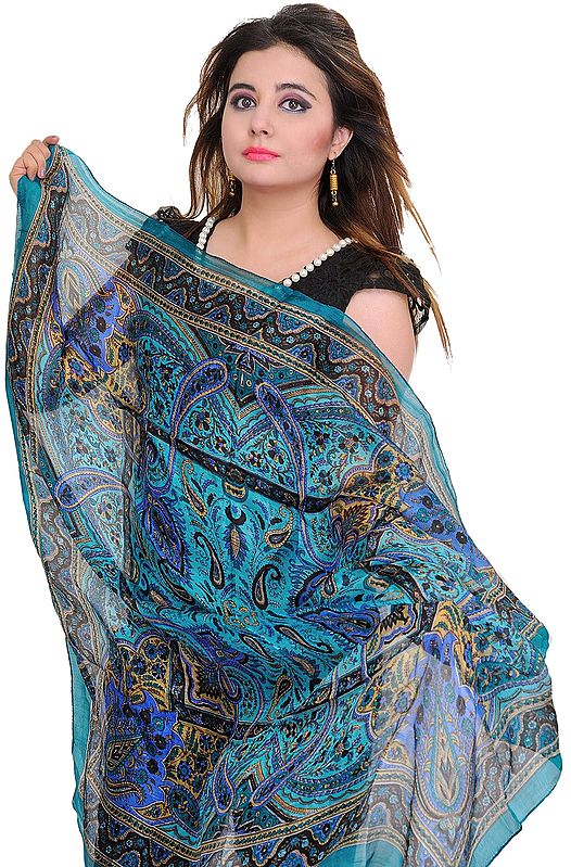 Angel-Blue Scarf with Printed Paisleys