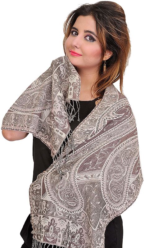 Sparrow and Gray Reversible Jamawar Scarf with Woven Paisleys
