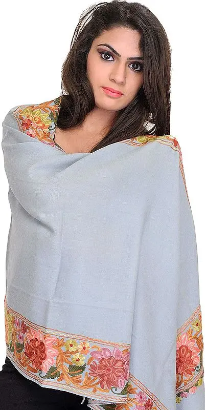 Plain Stole from Amritsar with Aari Embroidered Flowers on Border