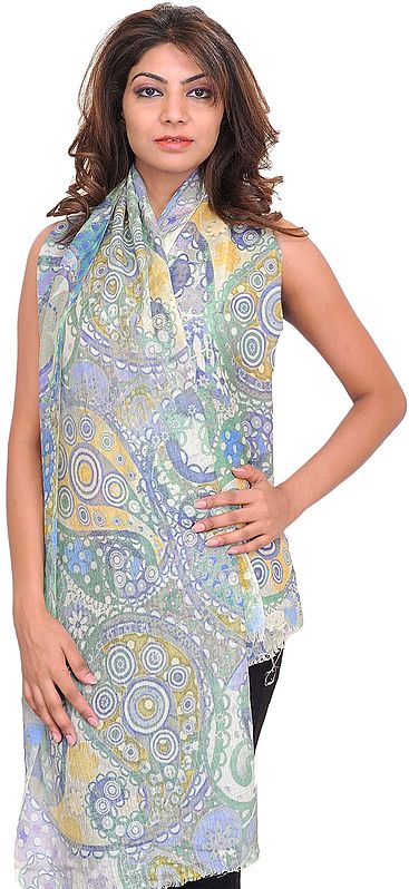 Zephyr-Green Digital-Printed Stole with Large Paisleys