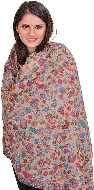 Smoke-Gray Cashmere Kani Stole with Woven Paisleys in Multicolor Thread