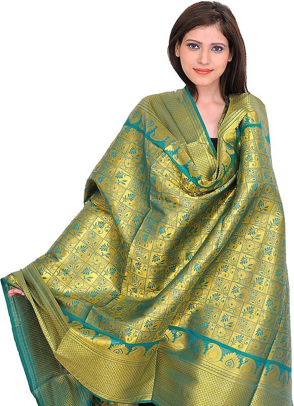 Cadmium-Green Brocaded Shawl from Tamil Nadu with Woven Flowers