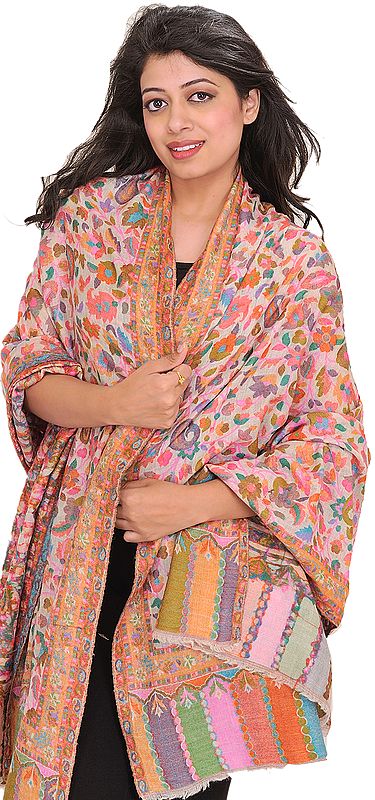 Multicolor Cashmere Kani Shawl with Woven Flowers and Paisleys