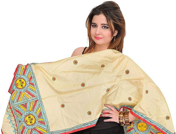 Pastel-Yelllow Scarf with Madhubani Hand-Painted Lord Surya on Border