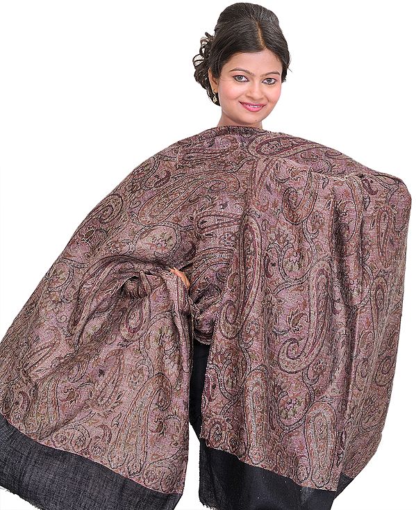 Cashmere Kani Reversible Stole with Woven Paisleys and Solid Border