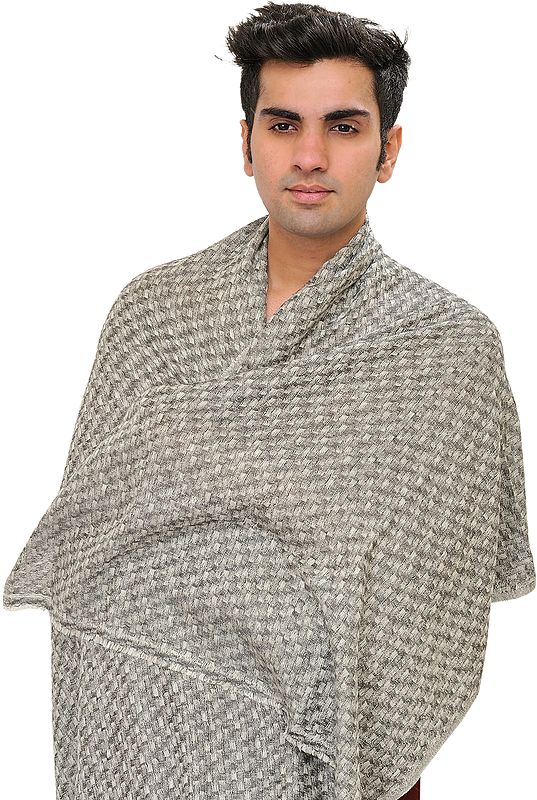 Gray Cashmere Men's Scarf from Nepal with Woven Checks All-Over
