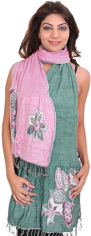 Pink and Green Reversible Scarf with Woven Flowers on Border