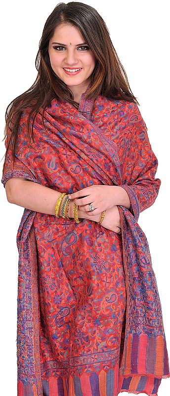 Carnberry-Red Kani Stole with Woven Paisleys All-Over