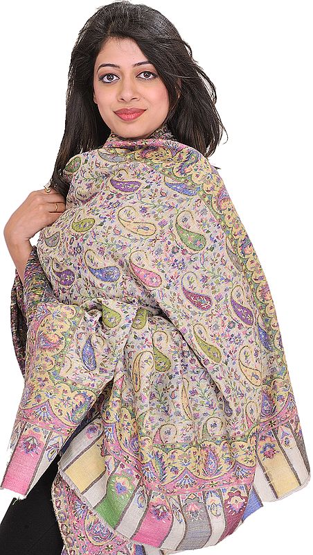 Lily-White Cashmere Kani Shawl with Woven Paisleys All-Over