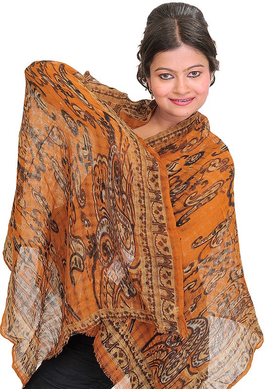 Amber-Brown Reversible Stole with Digital-Printed Paisleys