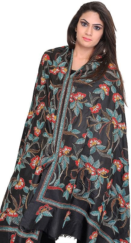 Caviar-Black Dupatta from Kolkata with Kantha Hand-Embroidered Flowers