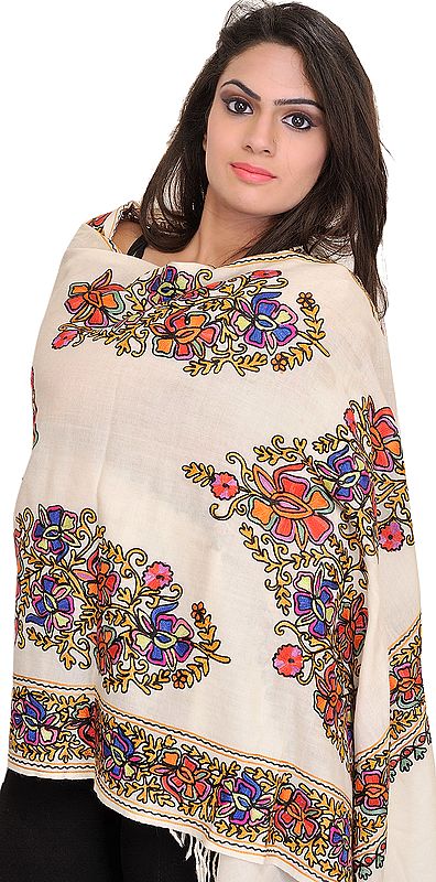 Stole from Amritsar with Floral Aari-Embroidery in Multicolor Thread