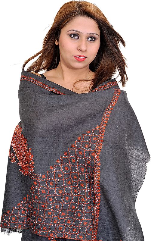 Castlerock-Gray Tusha Stole from Kashmir with Sozni Hand-Embroidery on Border