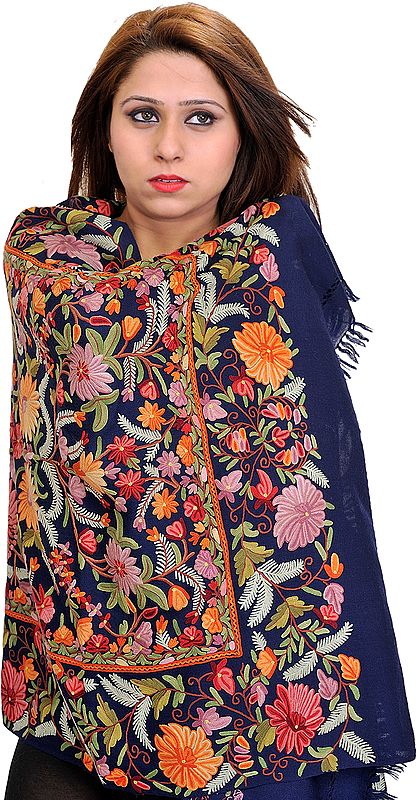 Patriot-Blue Jamawar Stole from Kashmir with Floral Hand-Embroidery All-Over