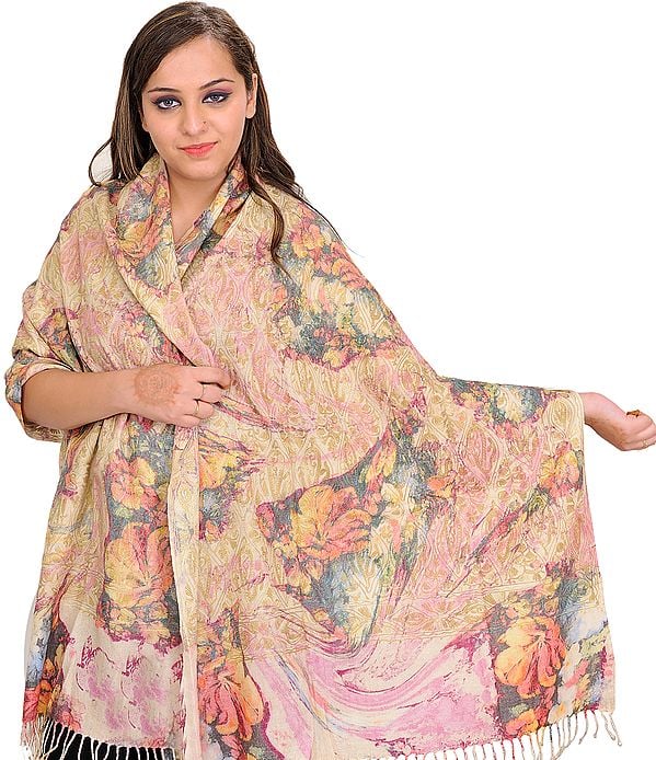 Multicolor Digital-Printed Stole with Aari-Embroidery All-Over
