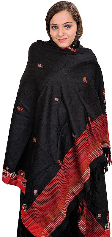 Jet-Black and Red Shawl with Woven Bootis and Striped Border