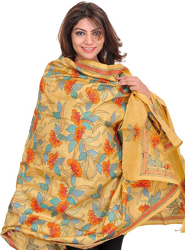 Italian-Straw Dupatta from Kolkata with Kantha Hand-Embroidered Flowers