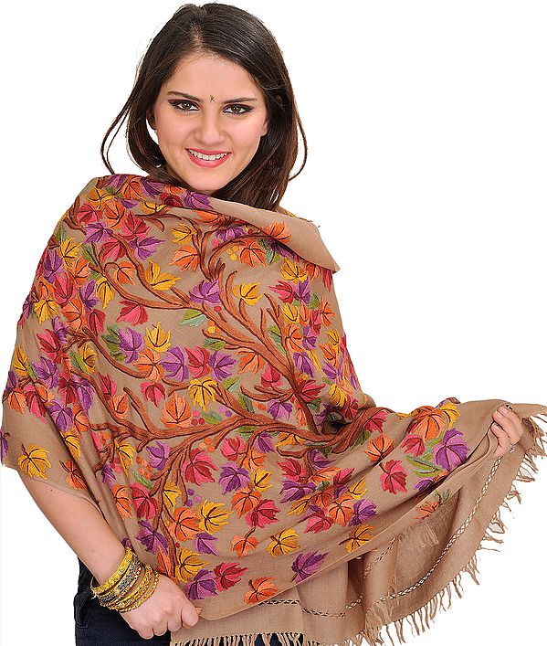 Plaza-Taupe Stole from Kashmir with Aari Hand-Embroidered Tree of Life