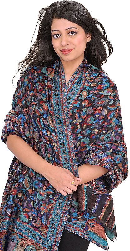 Licorice-Black Cashmere Kani Shawl with Woven Paisleys in Multicolor Thread