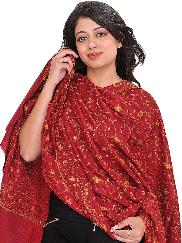 Tibetan-Red Tusha Shawl from Kashmir with Sozni Hand-Embroidery All-Over