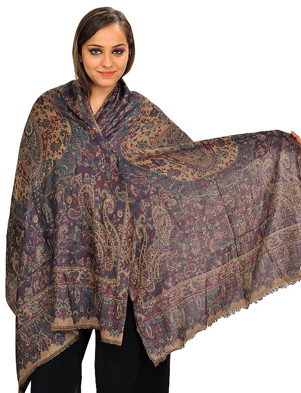 Reversible Semi-Cashmere Jamawar Stole with Woven Paisleys