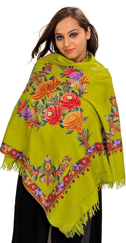 Stole from Kashmir with Aari Hand-Embroidered Flowers