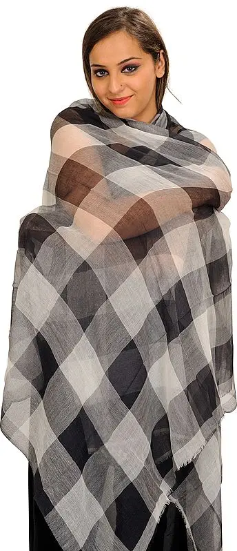Black and White Shawl with Woven Checks