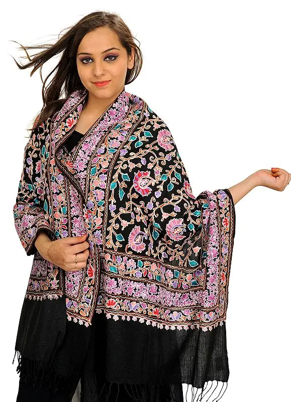 Ari-Embroidered Kalamkari Stole from Amritsar