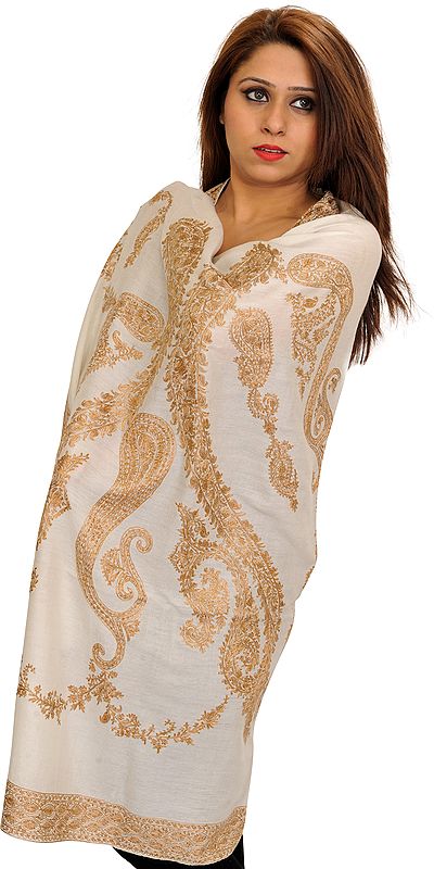 Ivory Shawl from Kashmir with Aari-Embroidered Paisleys