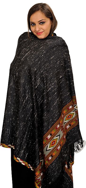 Phantom-Black Shawl from Kullu with Kinnauri Woven Border and Thread Weave