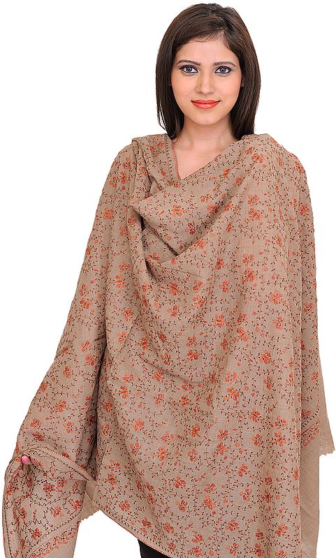 Simply-Taupe Tusha Sozni Hand-Embroidered Shawl from Kashmir
