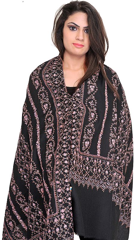 Jet-Black Tusha Stole from Kashmir with Sozni-Embroidery by Hand