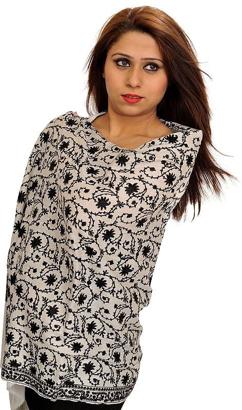 White and Black Aari-Embroidered Shawl from Kashmir