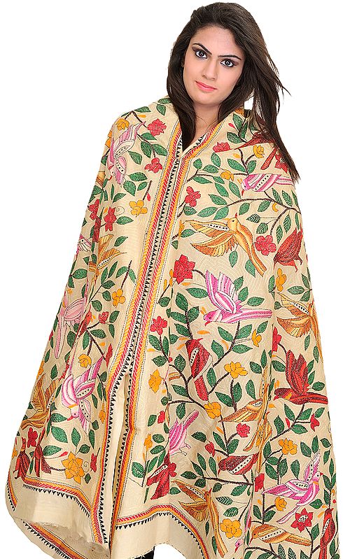 Alabaster-Gleam Dupatta from Kolkata with Kantha Hand-Embroidered Birds and Foliage