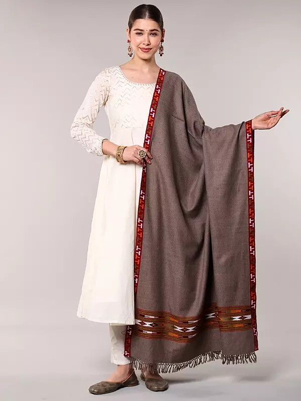 Pure Wool Plain Shawl from Kullu with Kinnauri Woven Border