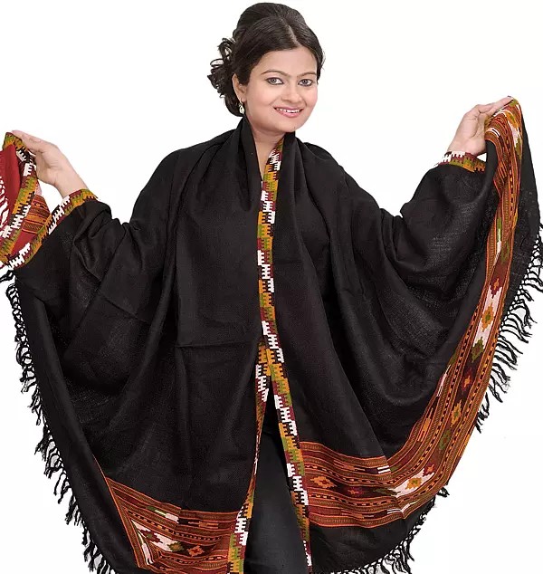 Garnet-Red Plain Shawl from Kullu with Kinnauri Woven Border