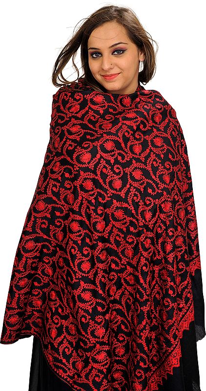 Black and Red Shawl from Kashmir with Aari Embroidery All-Over