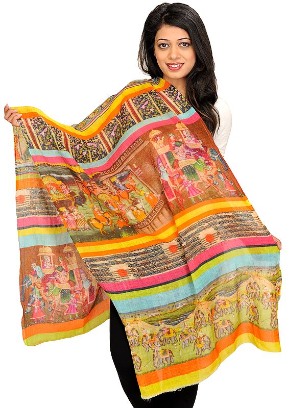 Multicolor Stole from Jaipur with Digital-Printed Procession