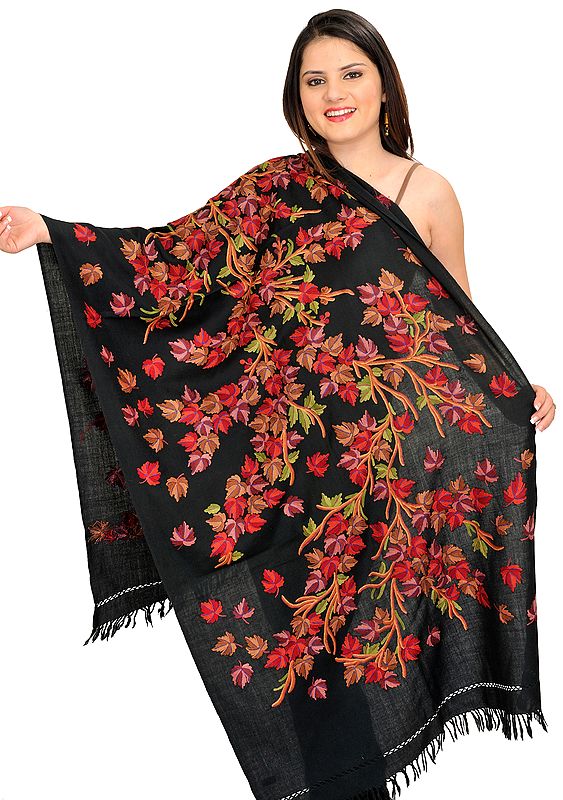 Jet-Black Stole from Kashmir with Aari Hand-Embroidered Maple Leaves