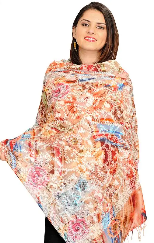 Multicolor Digital-Printed Stole with Aari-Embroidery All-Over