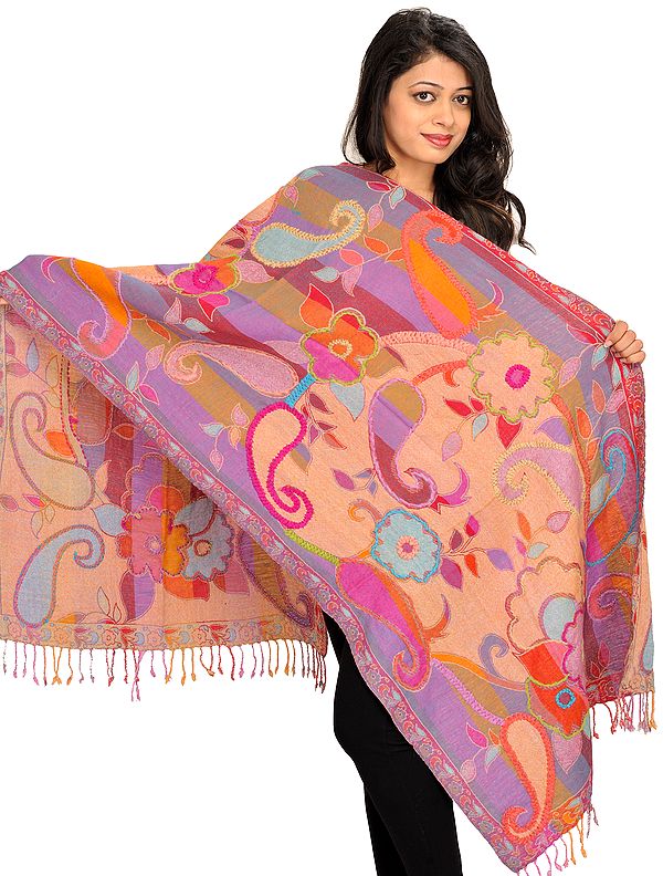 Multicolor Reversible Jamawar Stole with Woven Paisleys and Wool-Embroidery