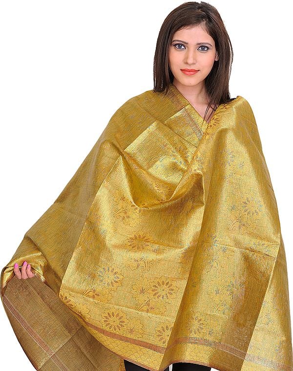 Golden Brocaded Shimmer Shawl from Tamil Nadu with Woven Flowers