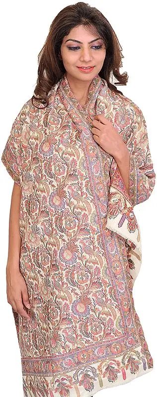 Pristine-White Kani Jamawar Stole with Woven Parrots in Multicolor Thread