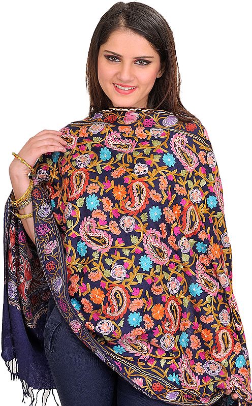Patriot-Blue Floral Aari-Embroidered Stole from Amritsar with Paisleys