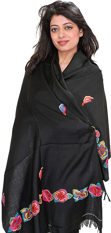 Phantom-Black Stole from Kashmir with Aari-Hand Embroidered Flowers on Border