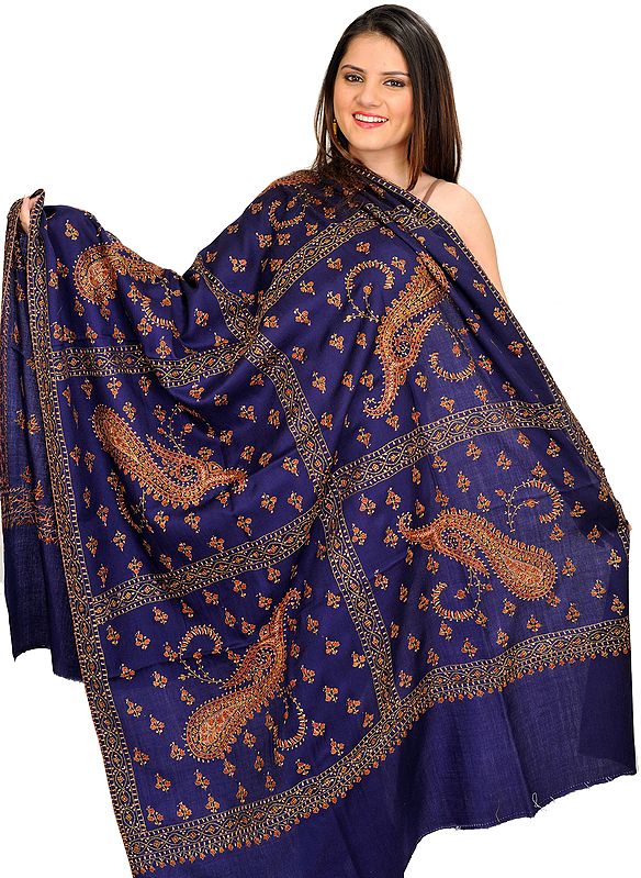 Deep-Cobalt Tusha Shawl from Kashmir with Sozni-Embroidery by Hand