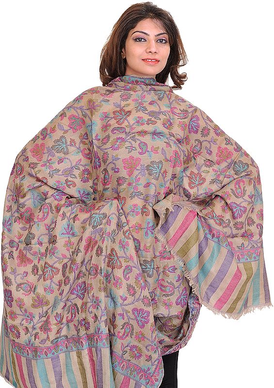Simply-Taupe Pure Pashmina Kani Shawl with Woven Leaves and Paisleys
