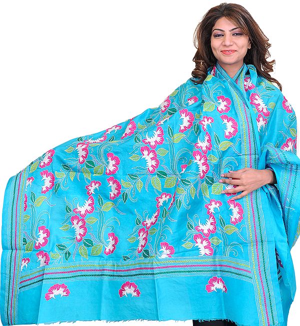 Blue-Atoll Dupatta from Kolkata with Kantha Hand-Embroidered Flowers